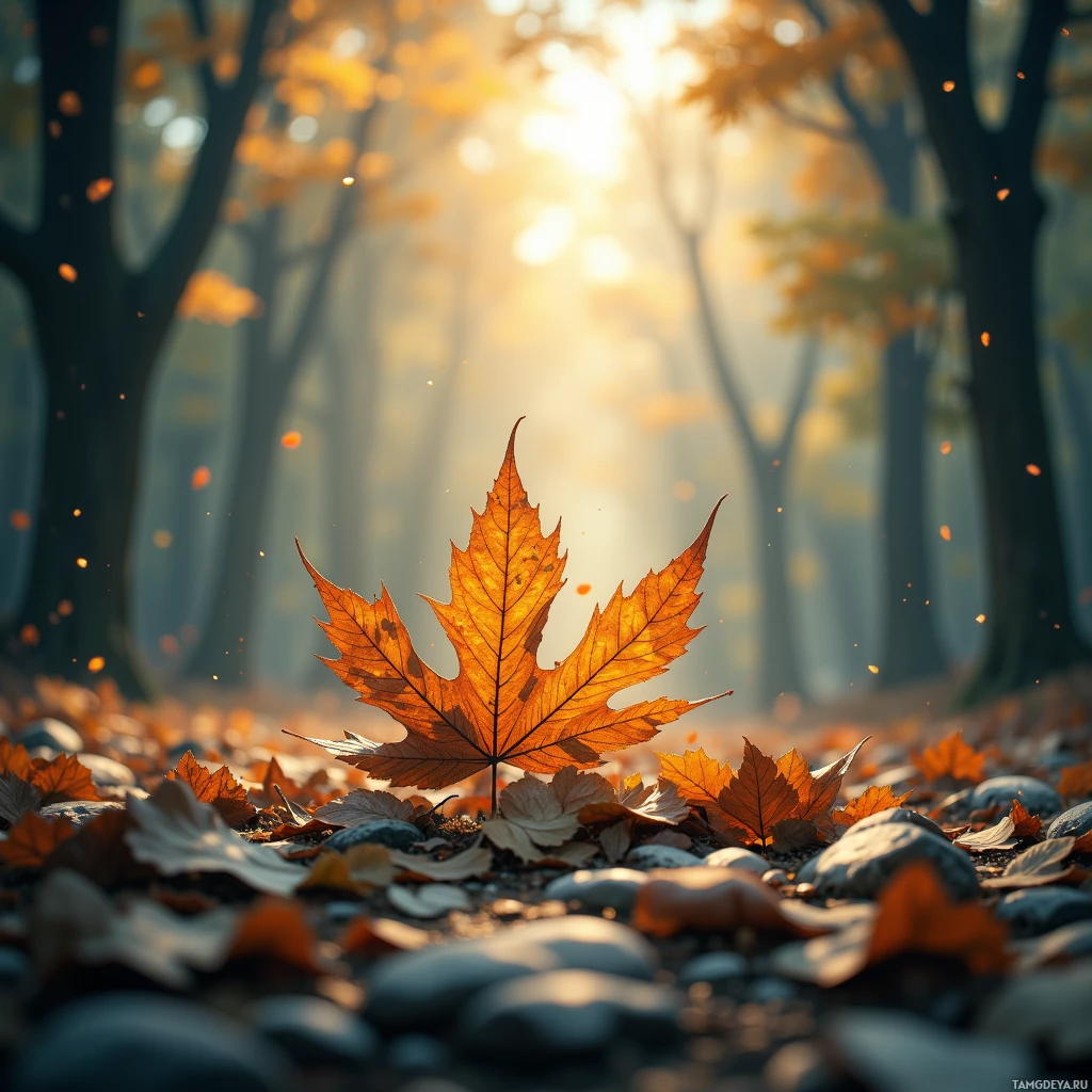A single autumn leaf stands out against a backdrop of a forest floor and sunlight filtering through trees.