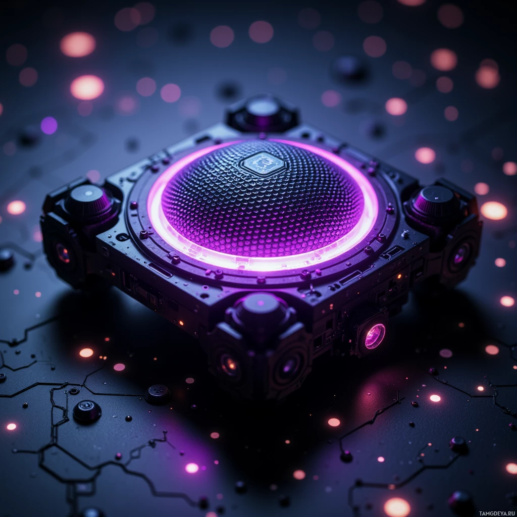 A futuristic device with glowing purple lights and intricate mechanical details.