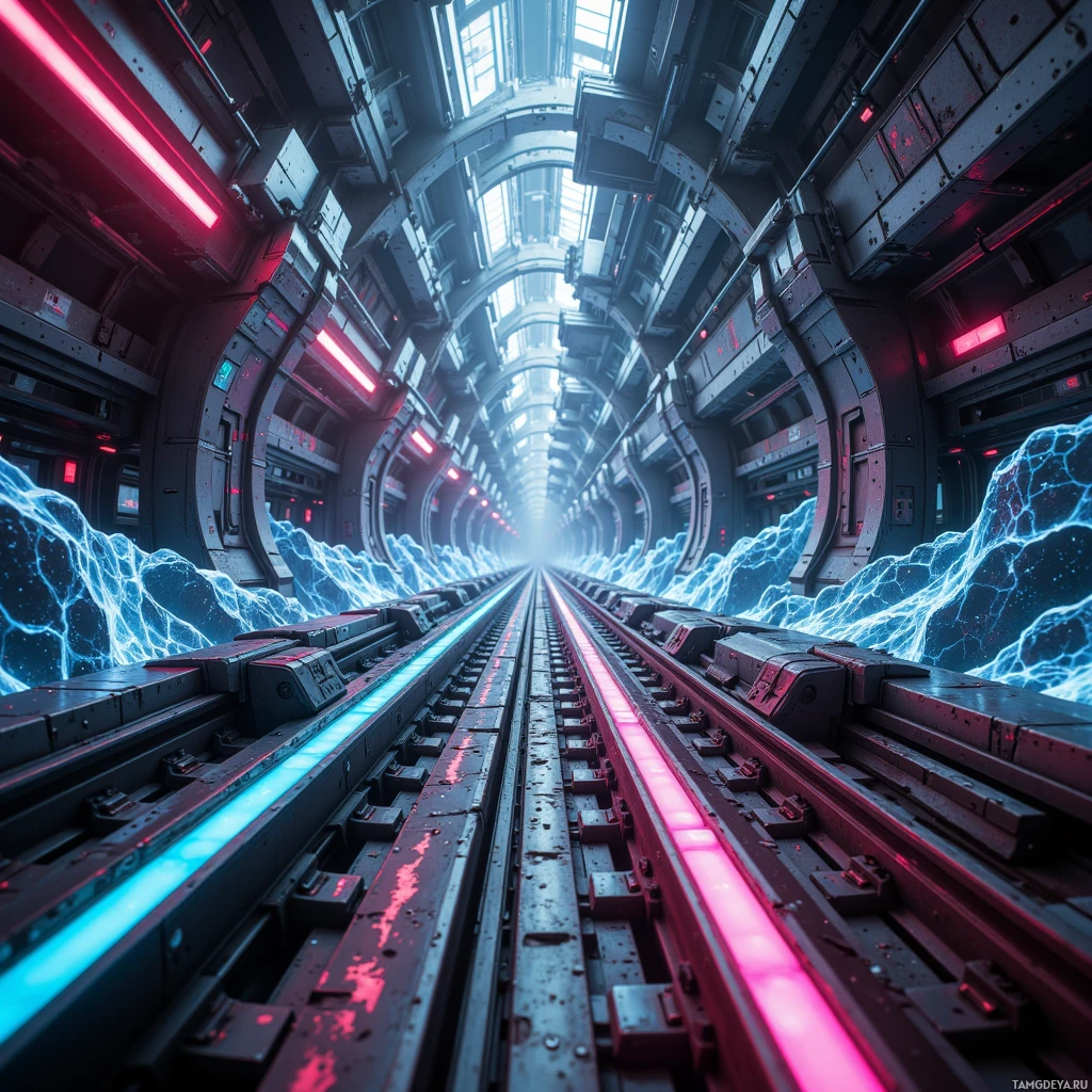A futuristic tunnel with glowing tracks and electrified walls.