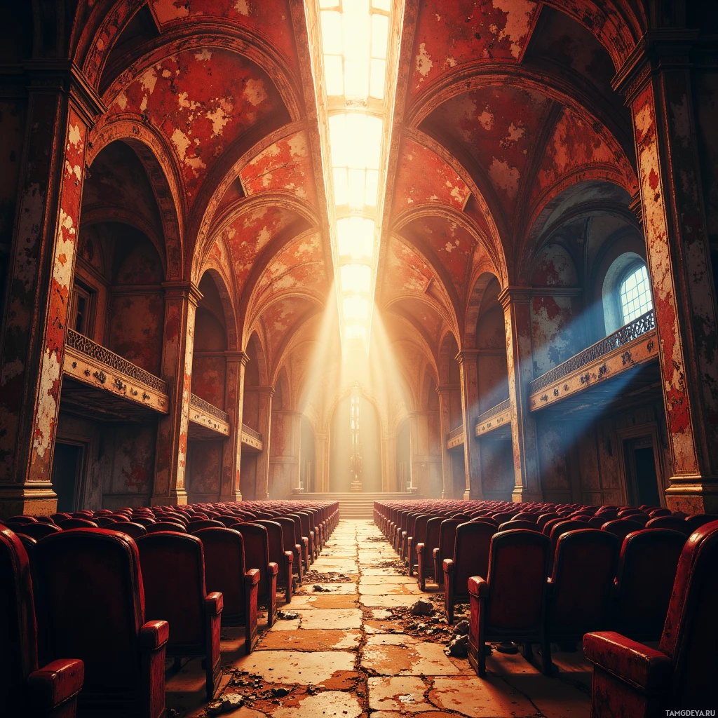 An abandoned theater with peeling red paint and sunlight streaming through the ceiling.