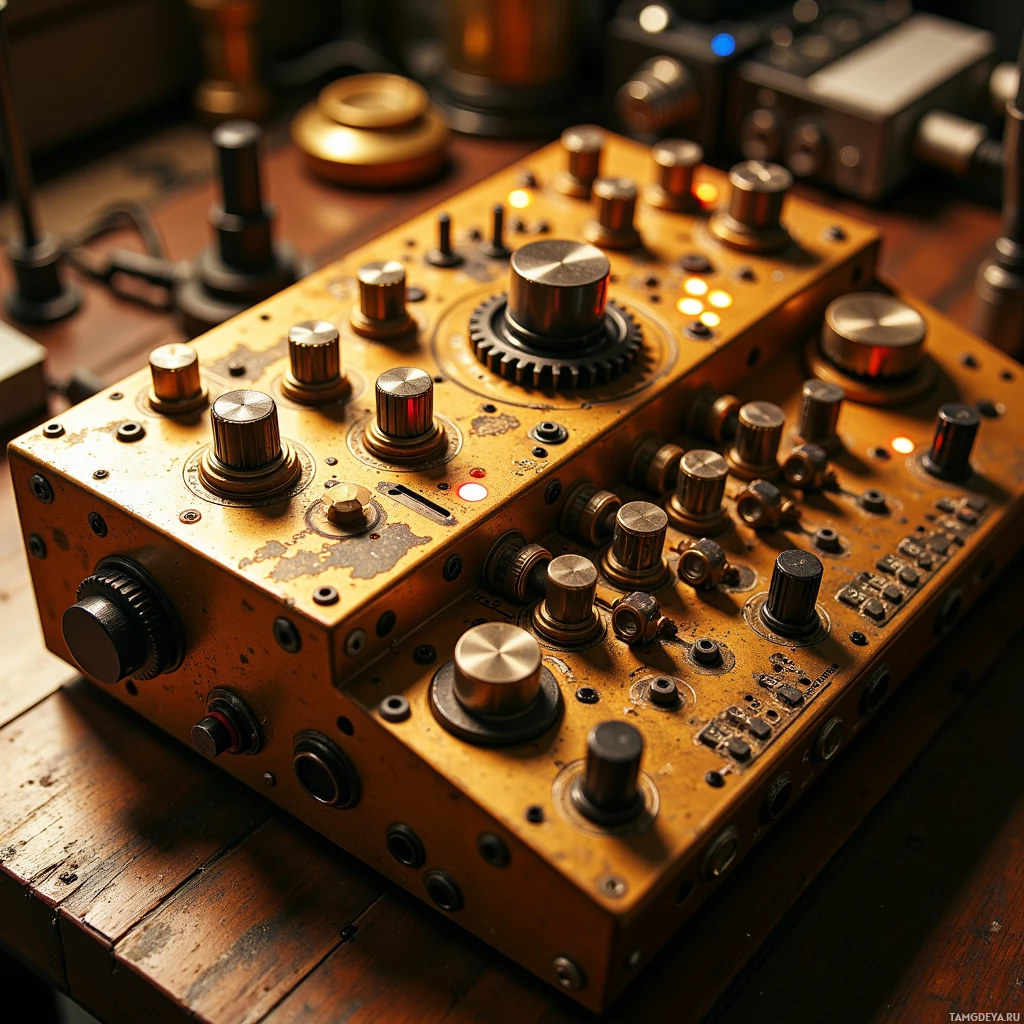 An old, worn electronic device with numerous knobs and dials sits on a wooden surface.