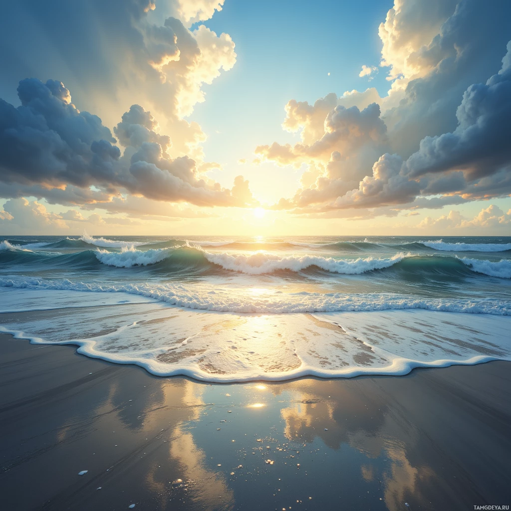 A serene beach scene with waves crashing onto the shore under a partly cloudy sky at sunset.