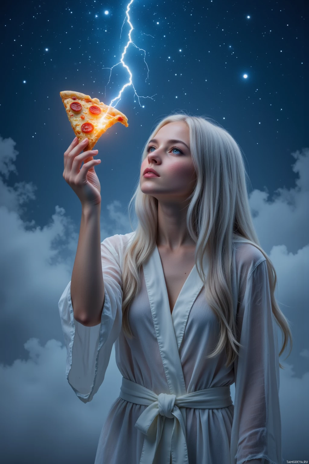 A person in a white robe holds a slice of pizza with a lightning bolt effect.