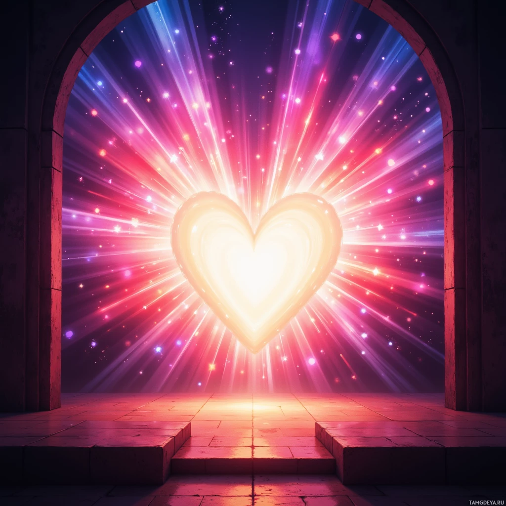 A glowing heart radiates light through an arched doorway.