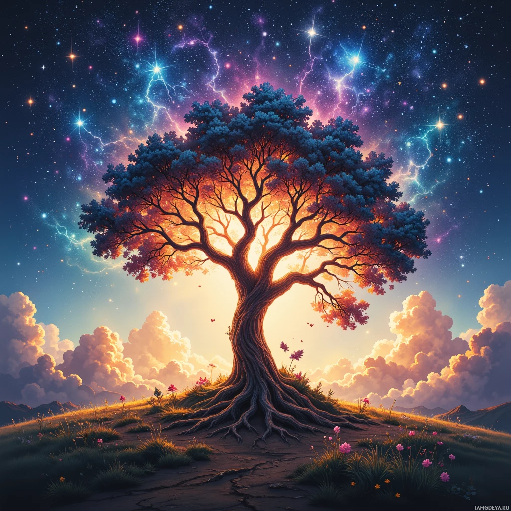 A vibrant tree stands on a hill under a starry sky with lightning streaks.