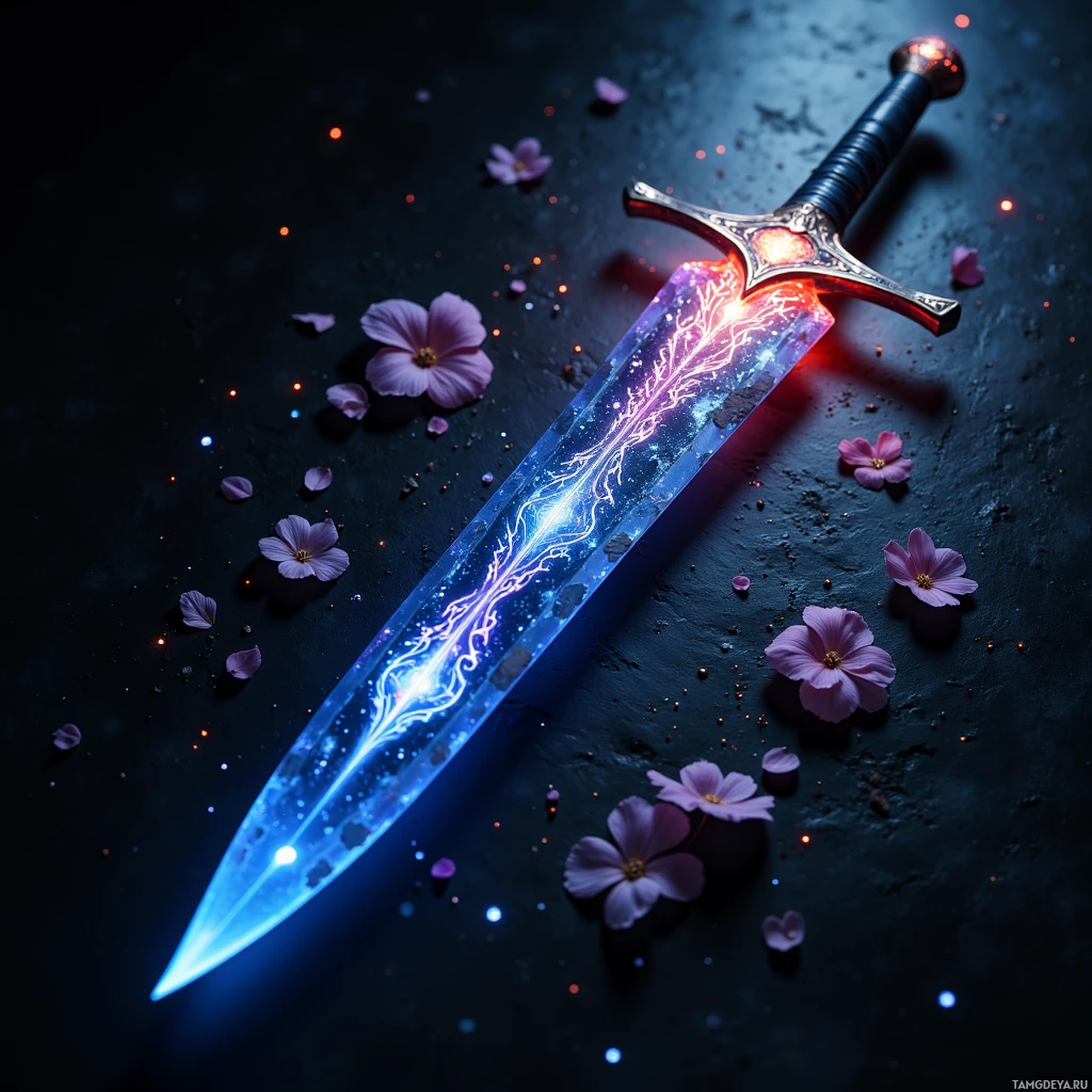 Semi-abstract image with many light, that is suitable for the post:  A midnight obsidian blade with pale rose filigree etched along its edge, faint glowing petals, a polished dark surface with subtle rippling light, and a slender handle of dark steel.