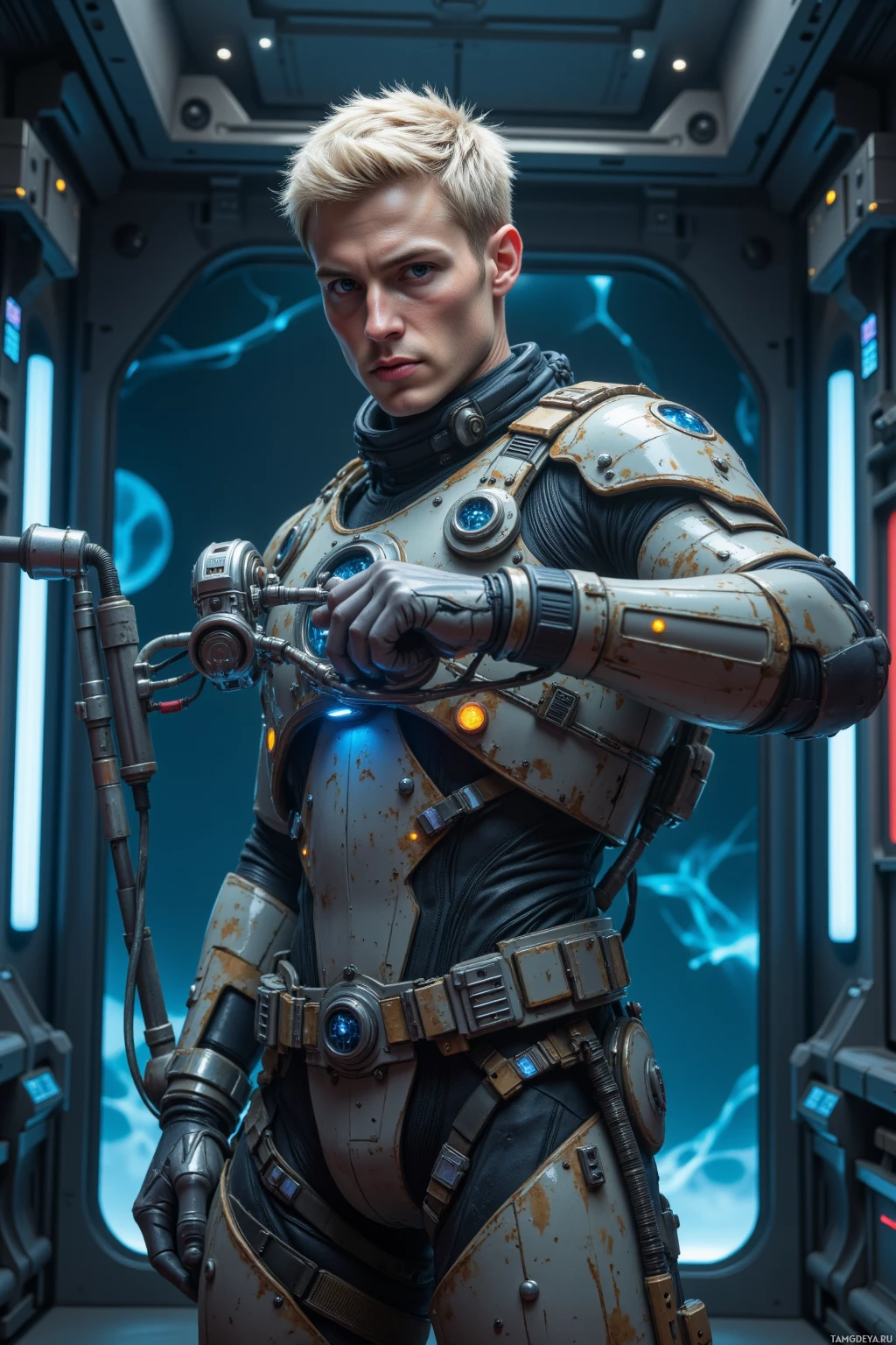 Realistic high quality photo. Male, 27, short blonde hair, blue eyes, pale skin, wearing a rugged industrial exosuit with magnetic boots and utilitarian cables over shoulders, standing in a centrifuge simulation chamber at night, adjusting a micro‑lever on a magnetic levitation array while data displays show a 0.003‑g drift, focused expression, ambient glow from sensors.