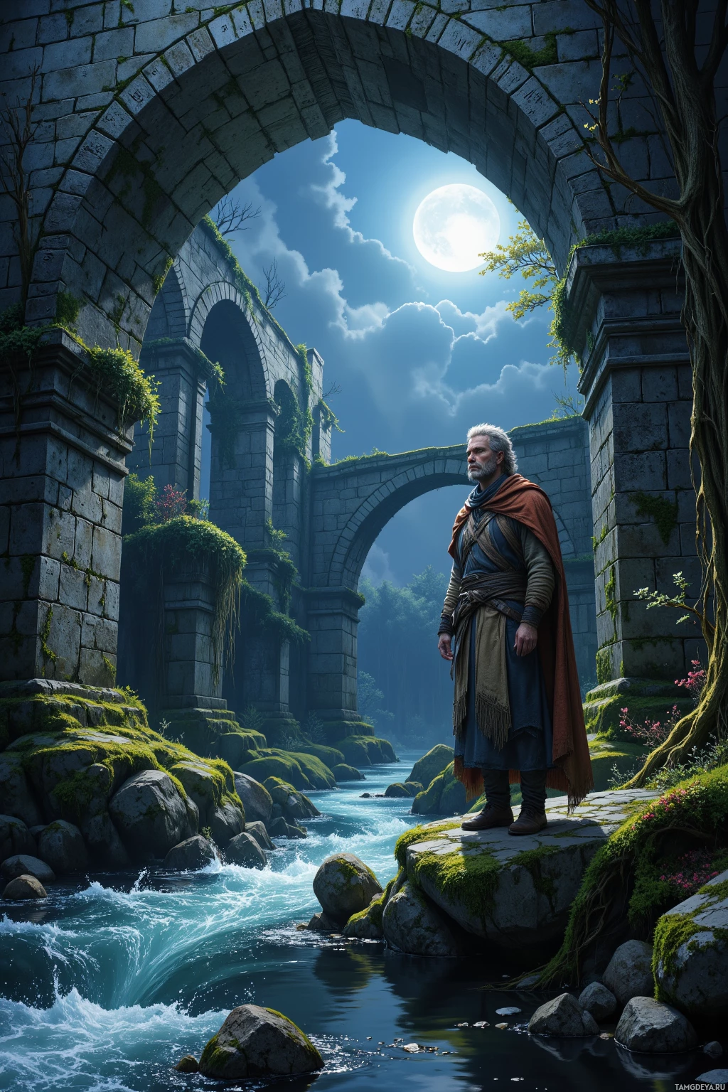 A man stands contemplatively under ancient stone arches by a flowing river under a bright moonlit sky.