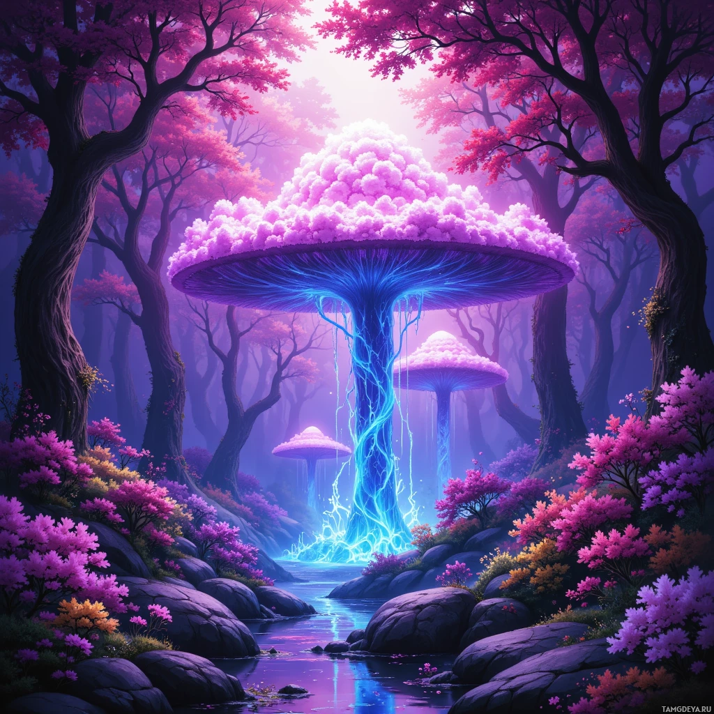 A mystical forest scene featuring glowing mushrooms and vibrant pink foliage.