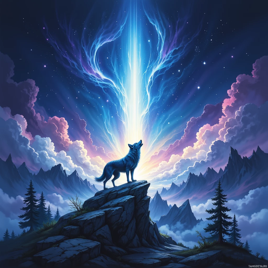 A wolf stands on a rocky outcrop under a vibrant night sky with streaks of light and colorful clouds.