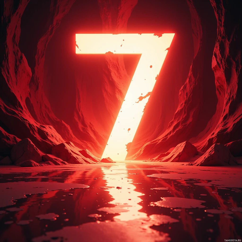 A glowing number seven in a red-lit, rocky cave with reflective water at the base.