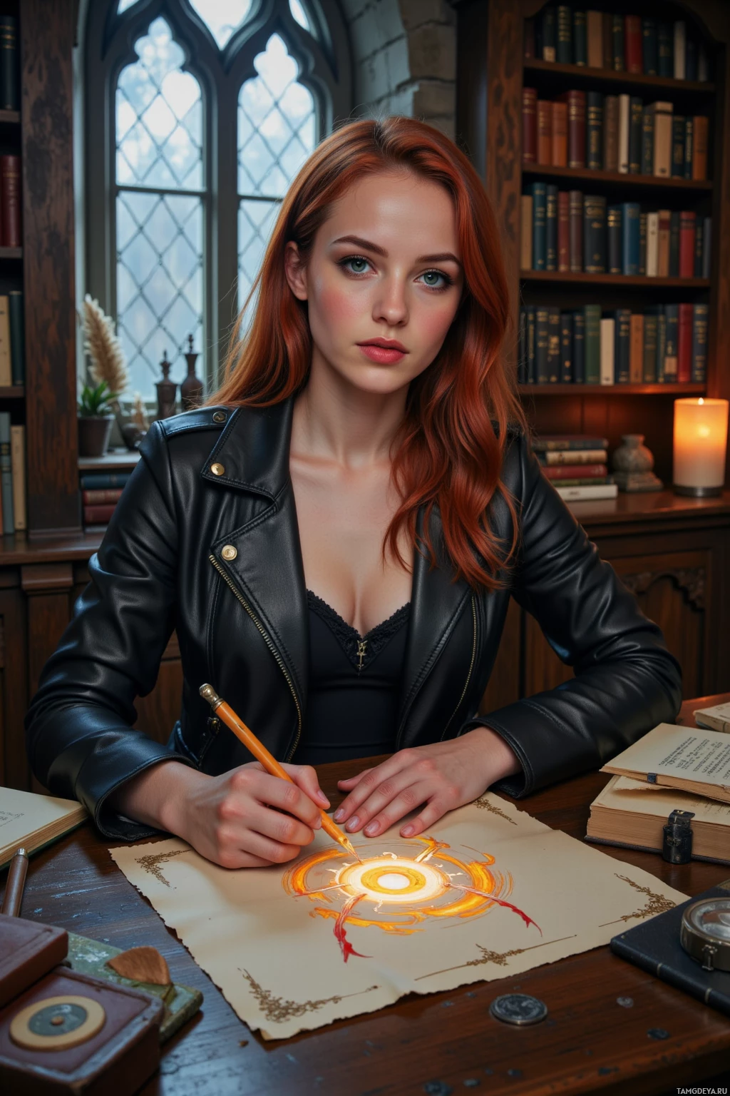 A woman in a leather jacket is seated at a desk, drawing a circular design on parchment paper.