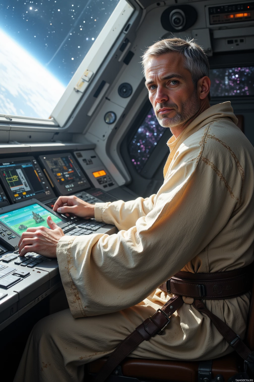 Realistic high quality photo. A 57‑year‑old man with short graying hair, piercing blue eyes, wearing simple earthy‑tone Jedi robes embroidered subtly, calmly sits in a sunlit spaceship cockpit running diagnostics on hull plating while holographic displays glow, the ship’s hum resonating as an engineering forge hums in the background and distant stars peek through the clear window.