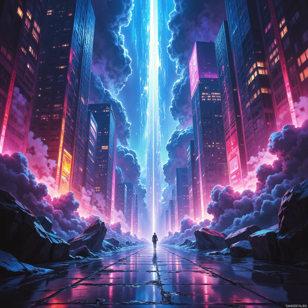 A person walks down a futuristic city street under a glowing sky.