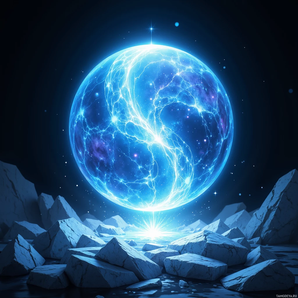 A glowing blue celestial body with intricate patterns and a bright light source at its center, surrounded by rocky terrain.