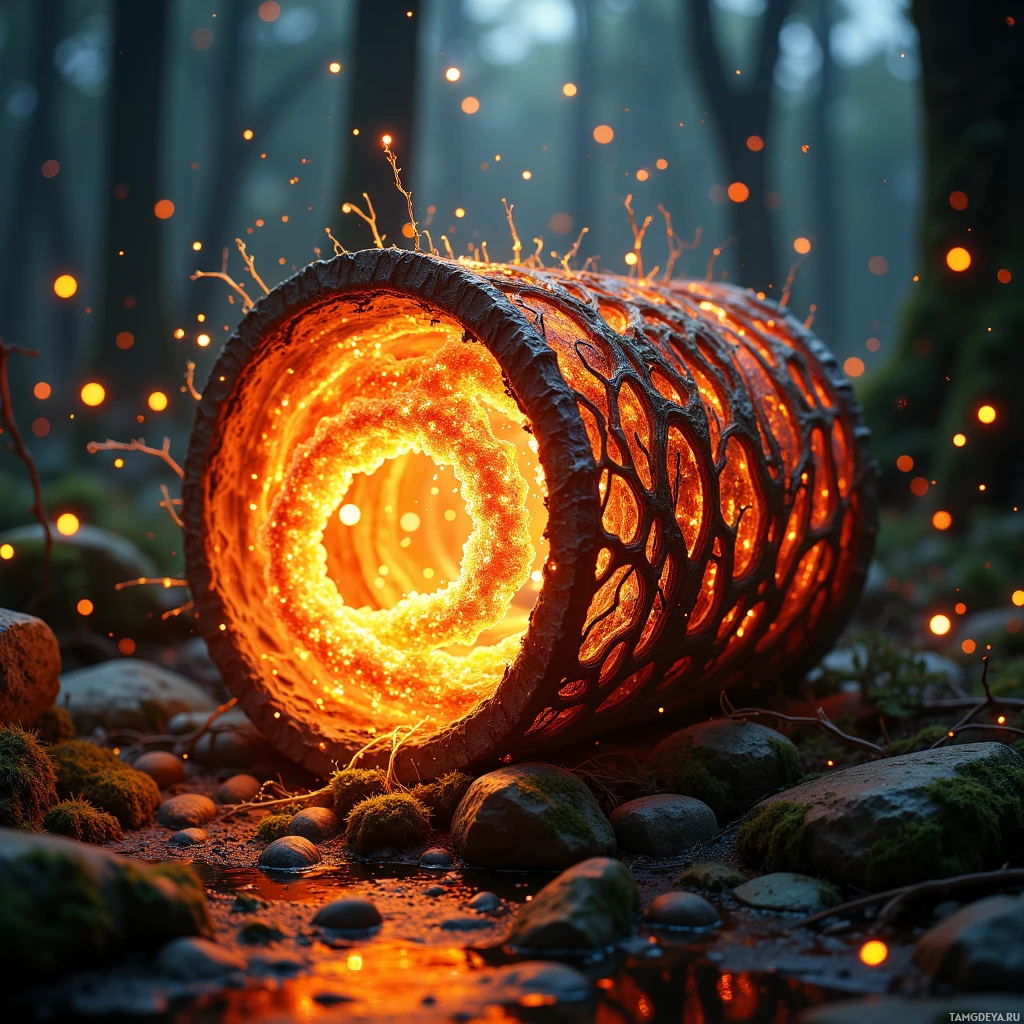 A glowing, fiery tunnel in a forest setting with rocks and moss.