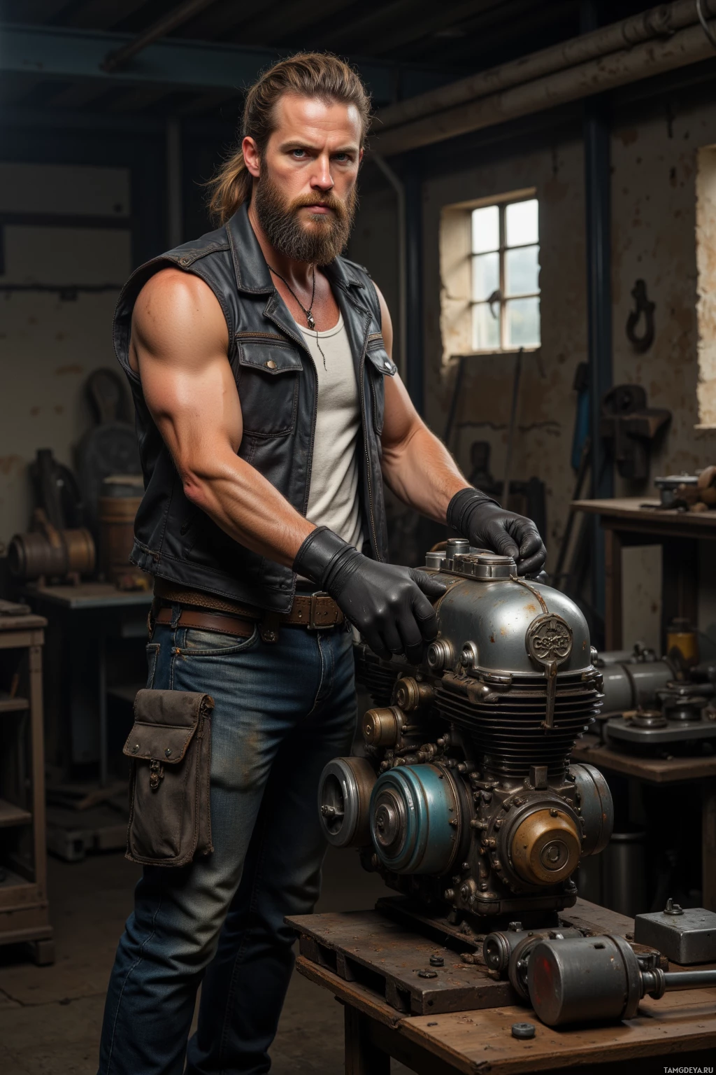 A muscular man in a leather vest and gloves stands in a workshop, leaning on a mechanical engine.