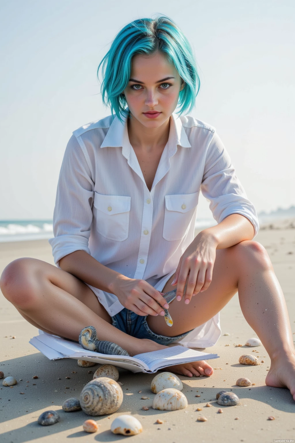Realistic high quality photo. Female marine researcher, 29, short bright blue messy bob, deep green eyes, wearing a loose white beach shirt and faded denim shorts, sits on a sandy shore at late afternoon, examining a spiral blue‑haloed shell beside a sea cucumber, flipping through a notebook amid scattered tide‑tucked shells, sunlight filtering through coastal haze.