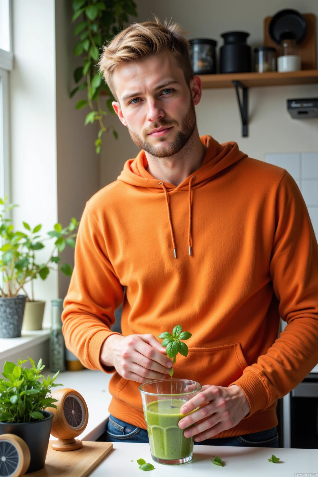 A person in an orange hoodie holds a green smoothie and a basil leaf in a kitchen setting.