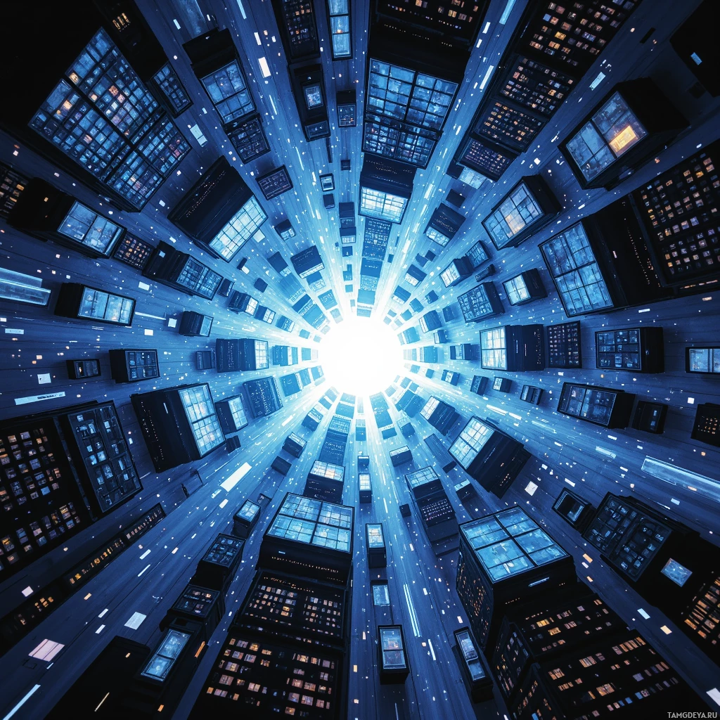 A symmetrical view of a futuristic cityscape with glowing windows radiating light.