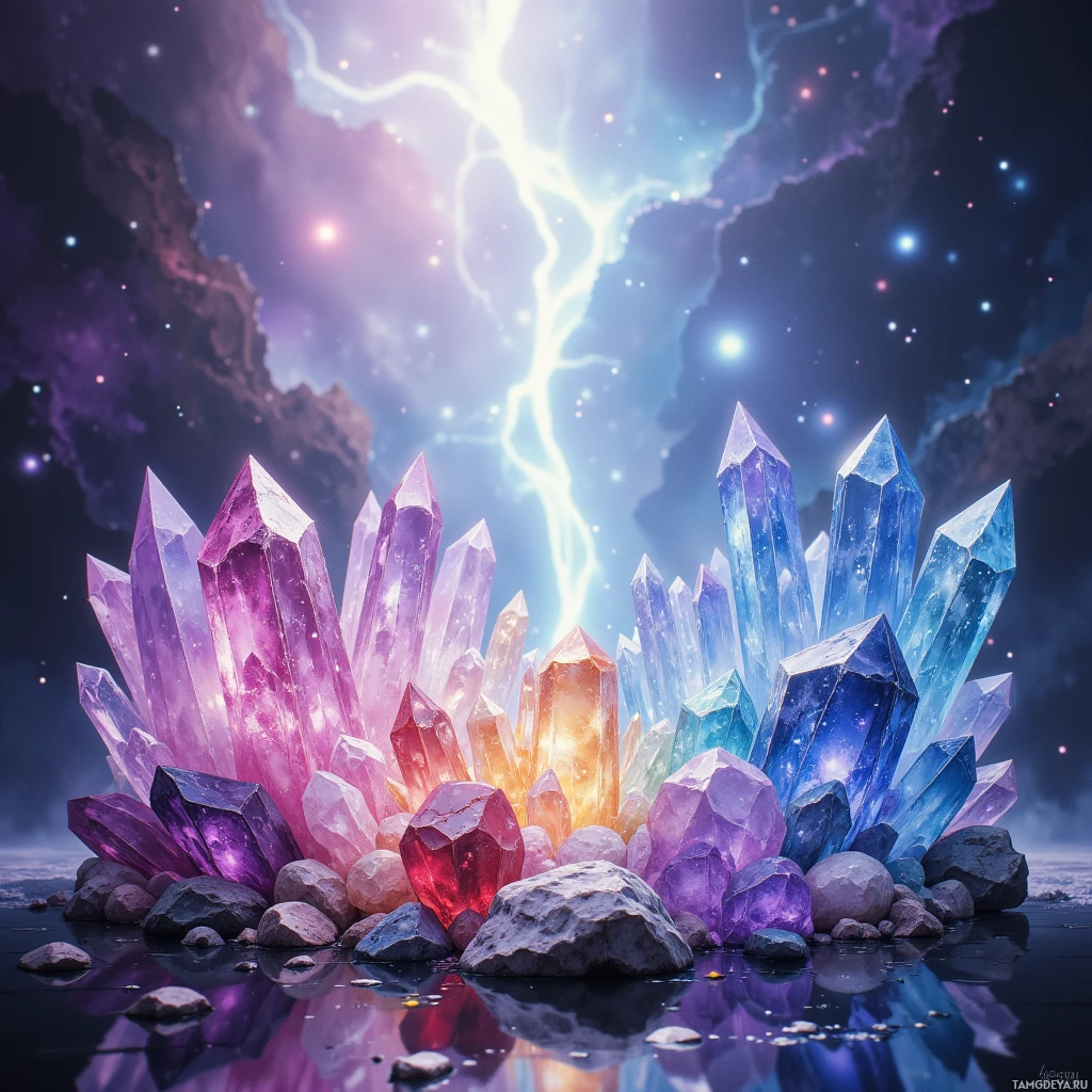 A vibrant display of colorful crystals and gemstones set against a cosmic background with lightning and stars.