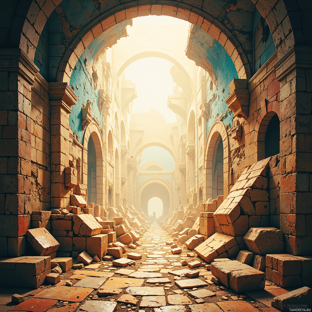 A sunlit, dilapidated stone corridor with broken bricks and debris.