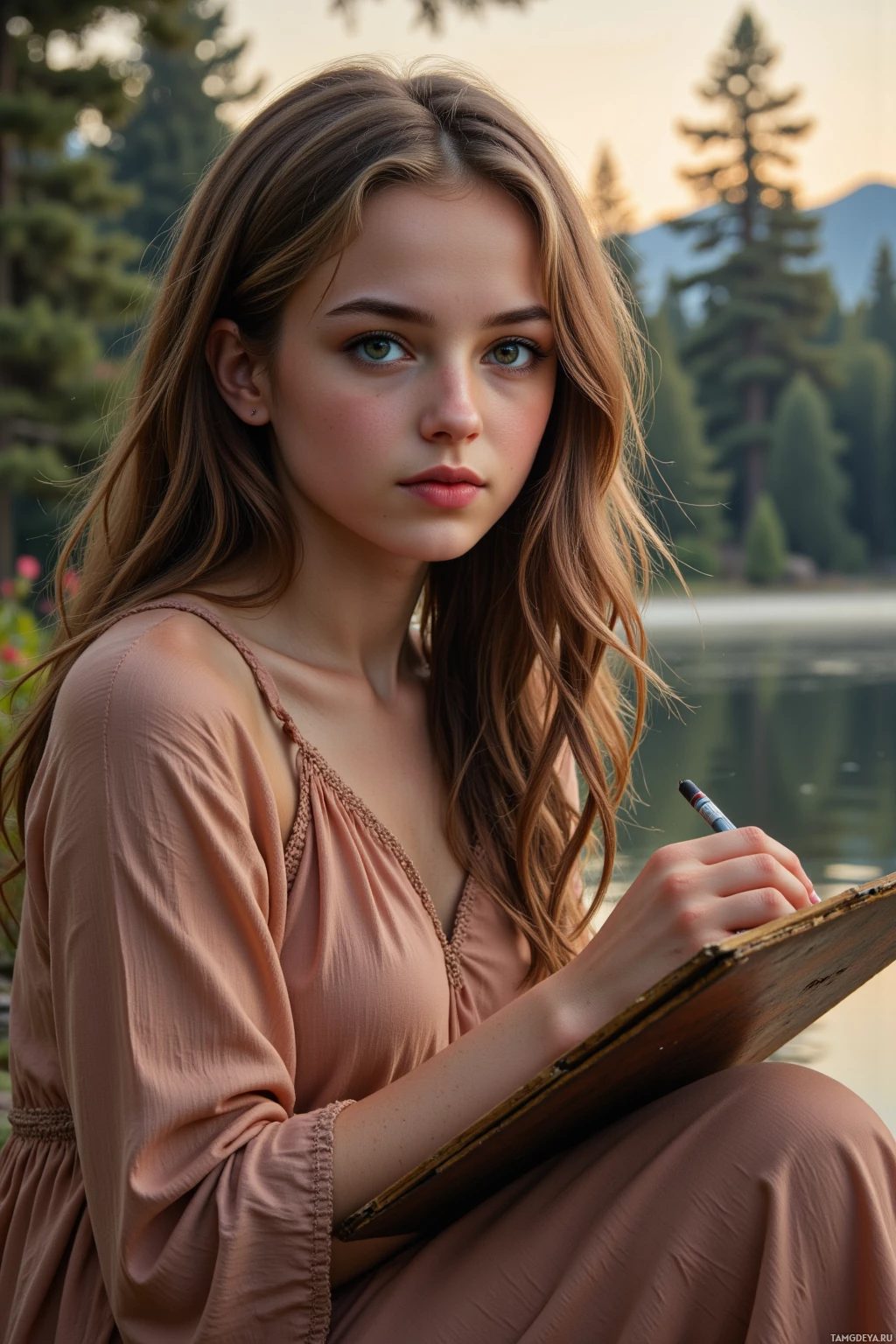 A young woman in a brown dress is sitting outdoors, holding a sketchpad and pencil.