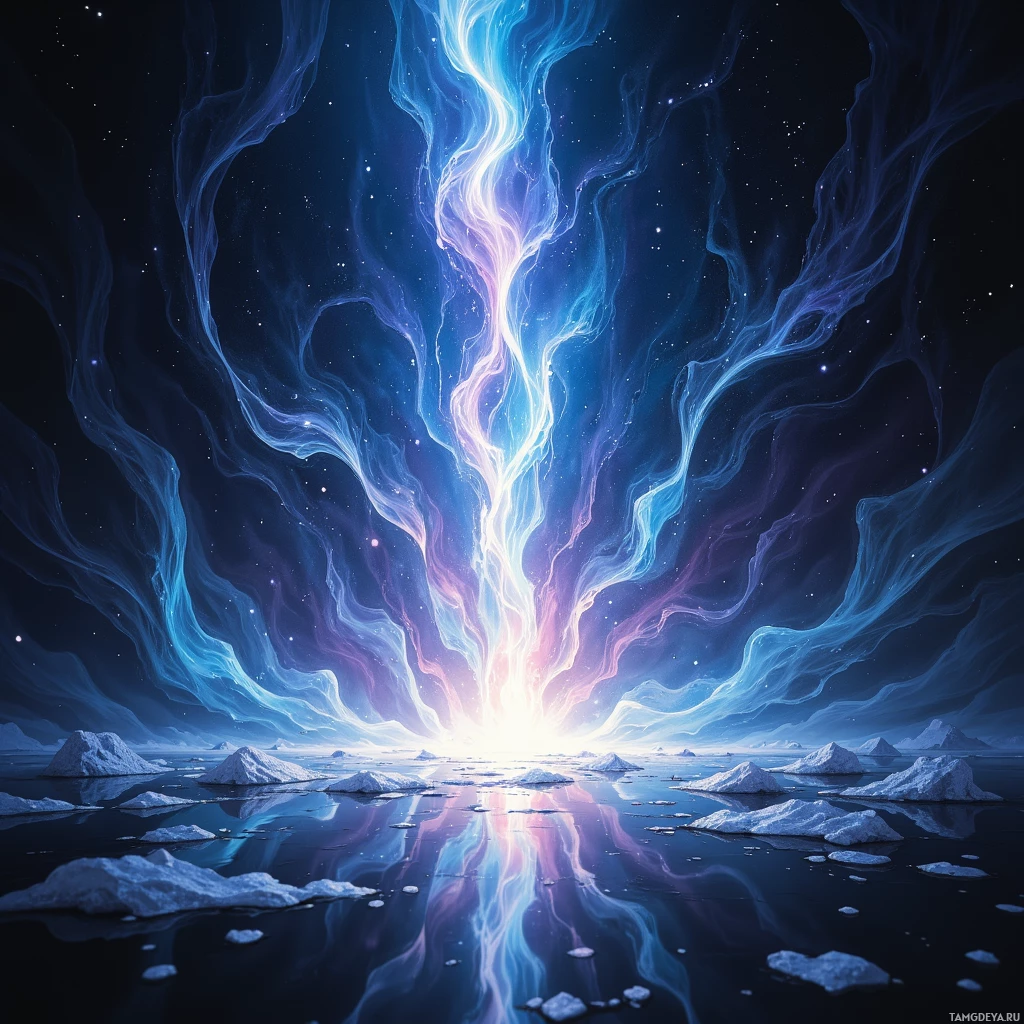 A vibrant cosmic scene with swirling nebulae and icy formations reflected in calm waters under a starry sky.