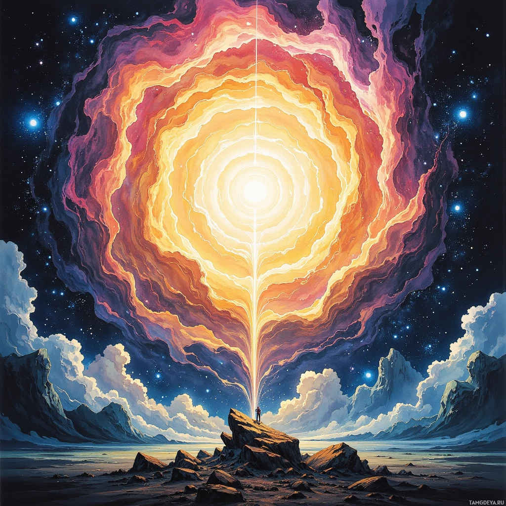 A vibrant cosmic scene with a radiant, swirling light source emitting beams of light, set against a starry night sky and rugged terrain.