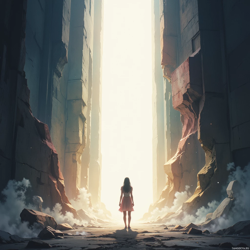 A person stands at the entrance of a narrow, sunlit canyon.