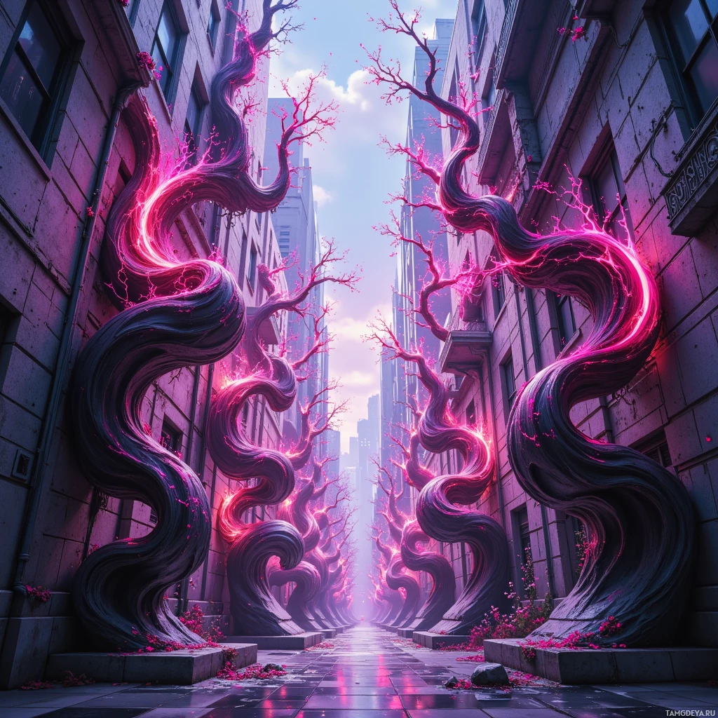 A surreal urban scene with glowing, twisted vines and pink flowers emerging from the buildings.