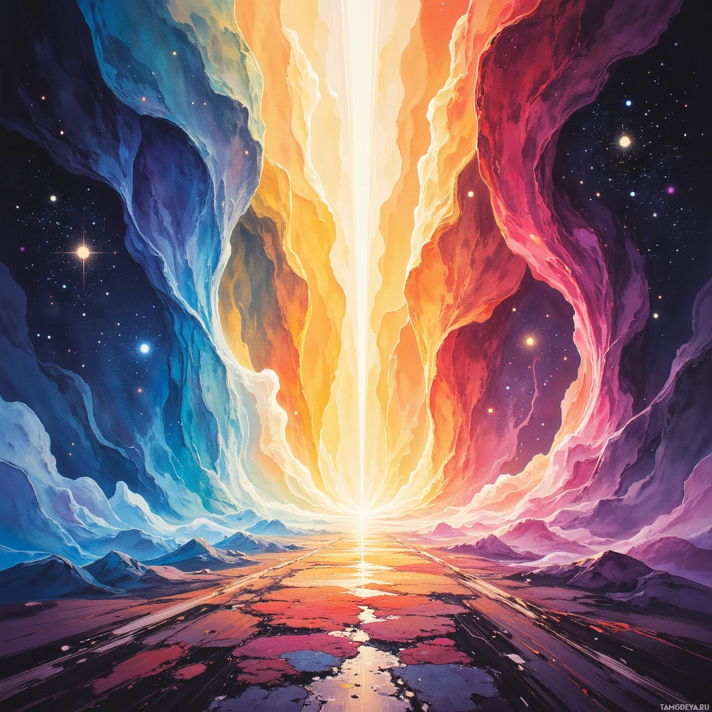 A vibrant, cosmic landscape with a glowing central light and colorful, ethereal formations.