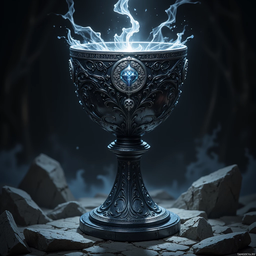 A glowing, ornate chalice sits atop broken stone in a dark setting.