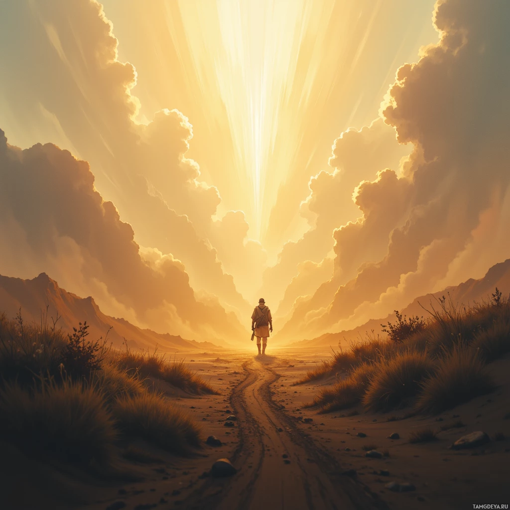 A lone figure walks down a sandy path towards a radiant sunburst in a cloudy sky.