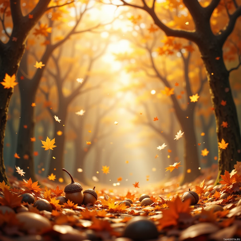 A serene autumn scene with falling leaves and acorns on the forest floor.