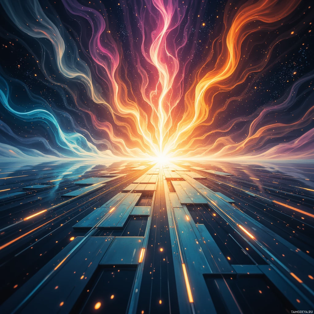 A vibrant cosmic scene with swirling colors and glowing particles.