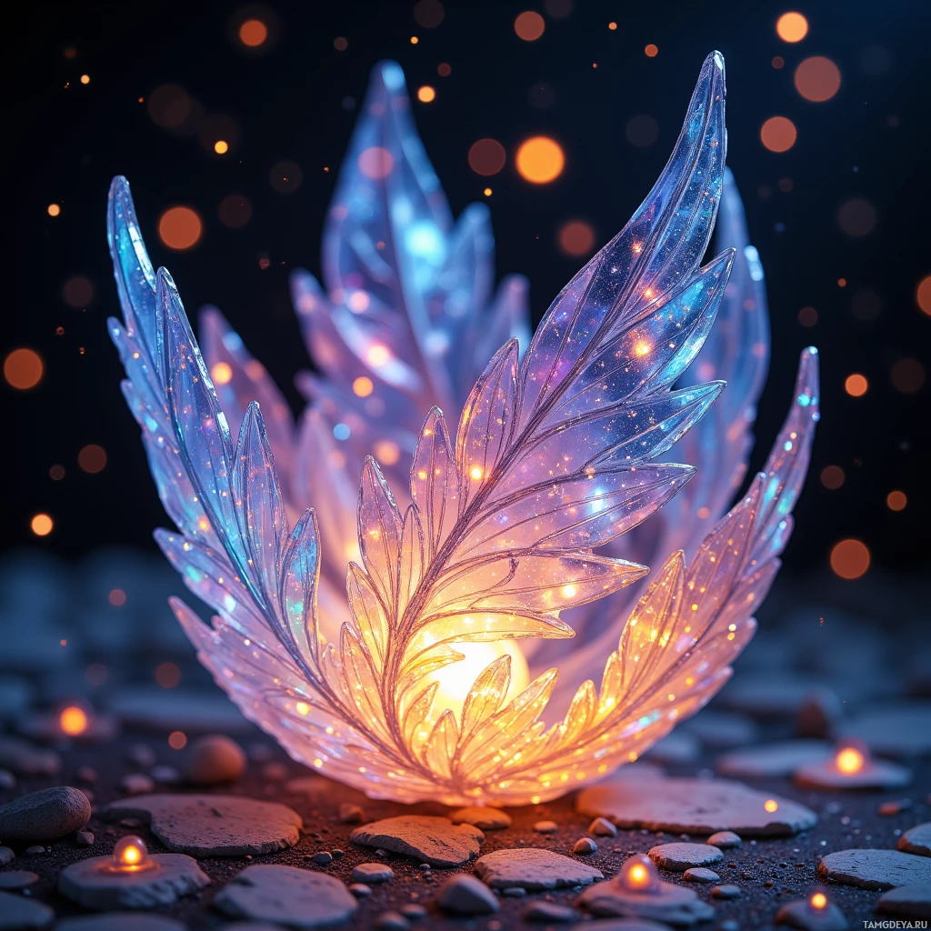 A glowing, translucent feather-like structure with a warm light source inside, set against a dark background with bokeh lights.