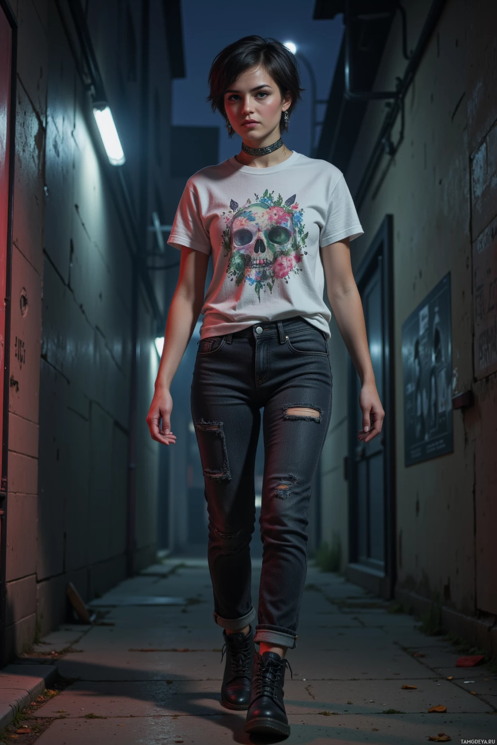 A person walks down an alleyway wearing a white t-shirt with a floral skull design and ripped jeans.
