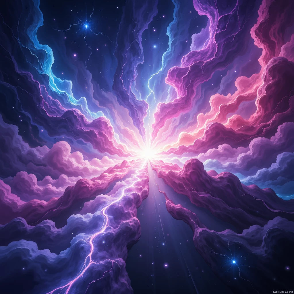 A vibrant cosmic scene with swirling clouds and bright light rays.
