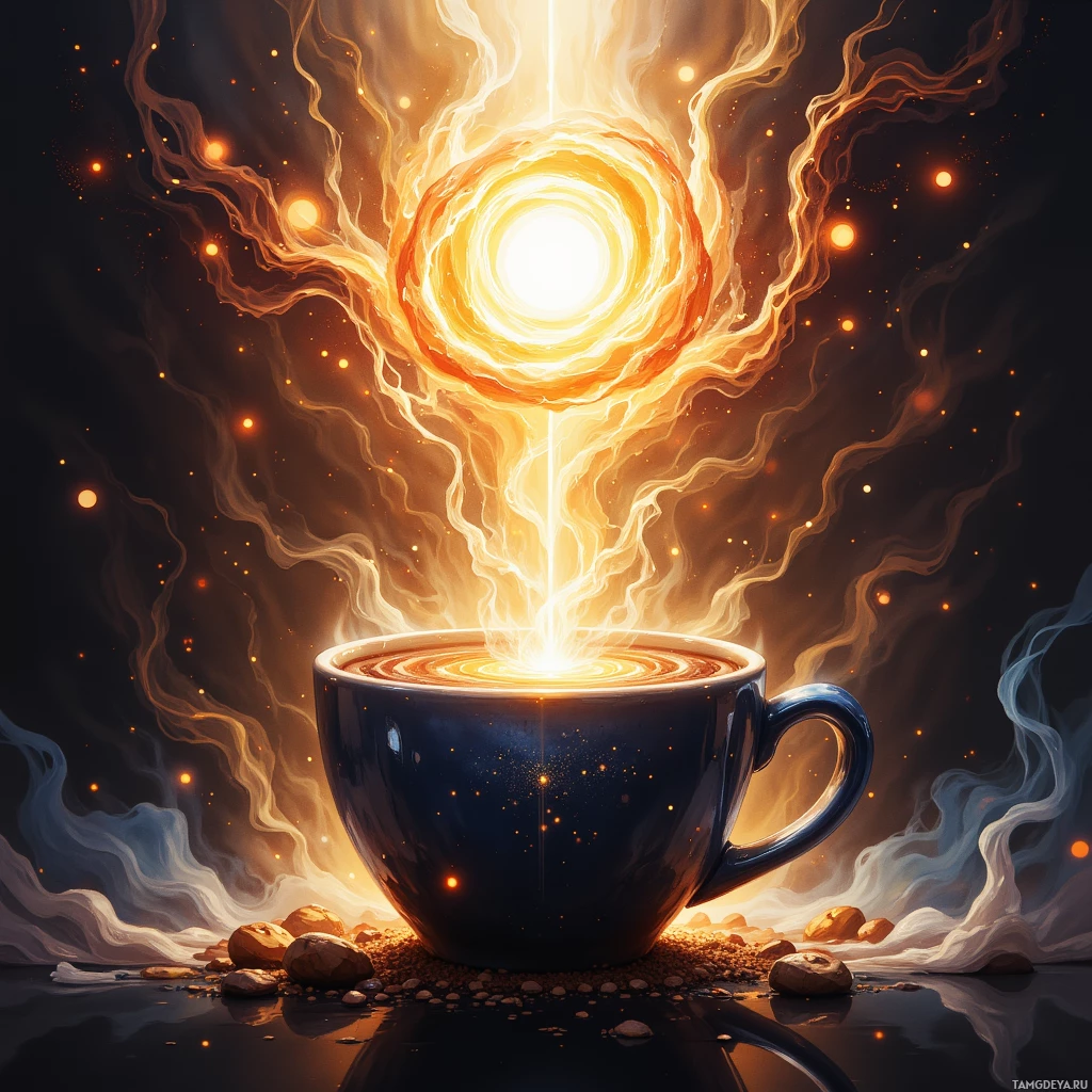 A glowing cup emits radiant energy against a dark background with swirling light effects and scattered particles.