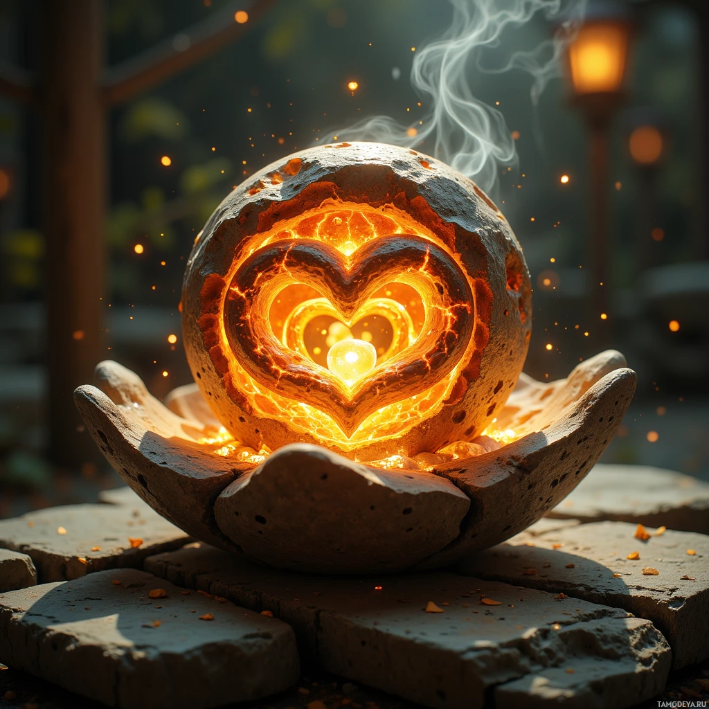 A glowing heart-shaped lantern rests in a hand, emitting a warm light and surrounded by small sparks.