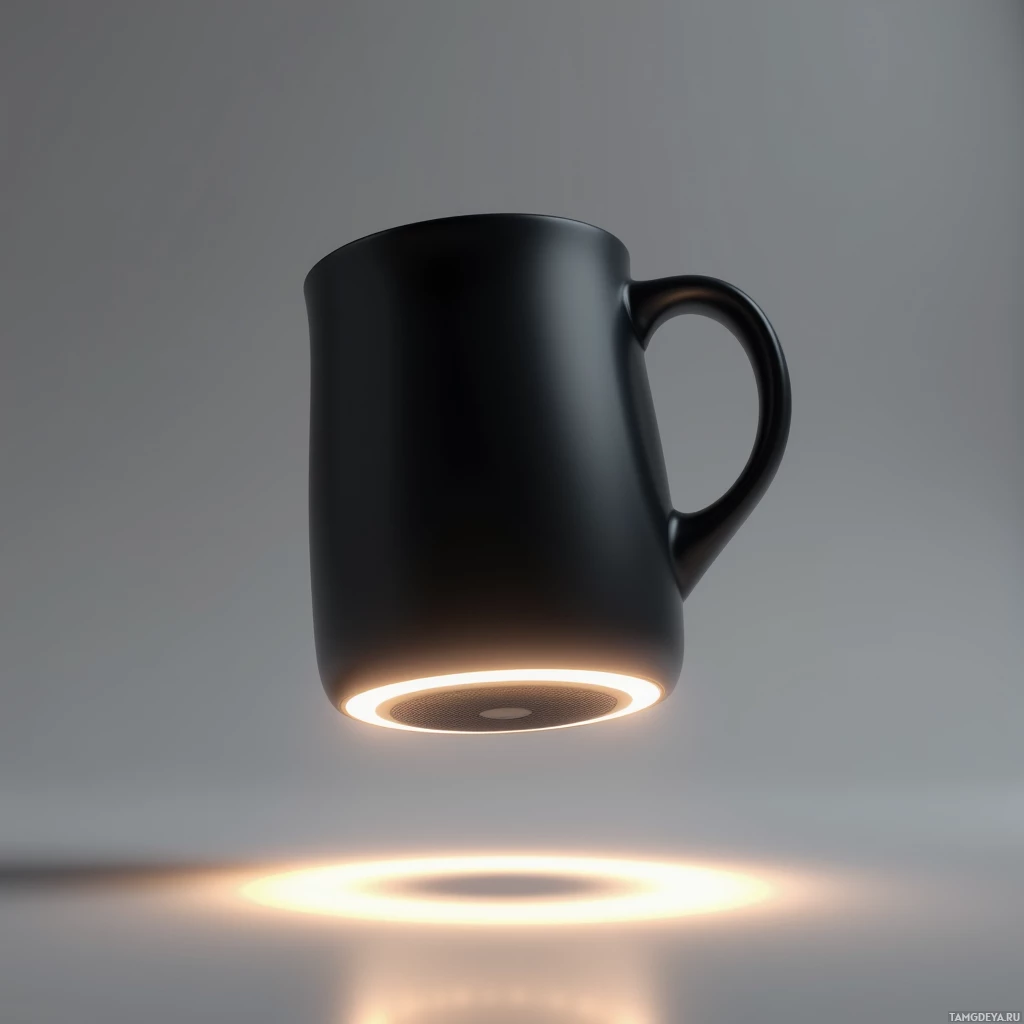 A black mug with a glowing ring beneath it is floating against a gray background.