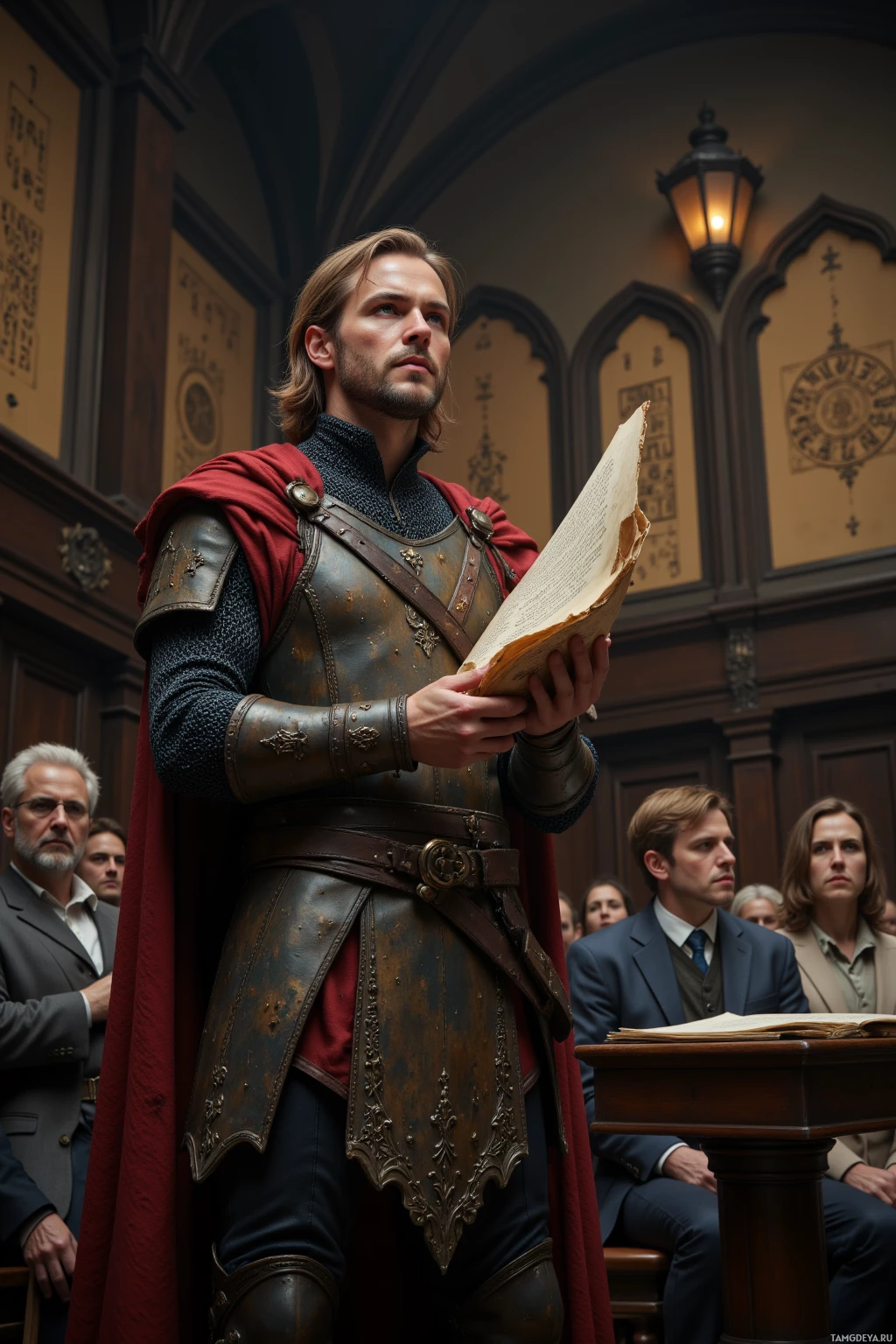 A person in medieval armor stands holding an open book, with others seated and observing in what appears to be a courtroom setting.