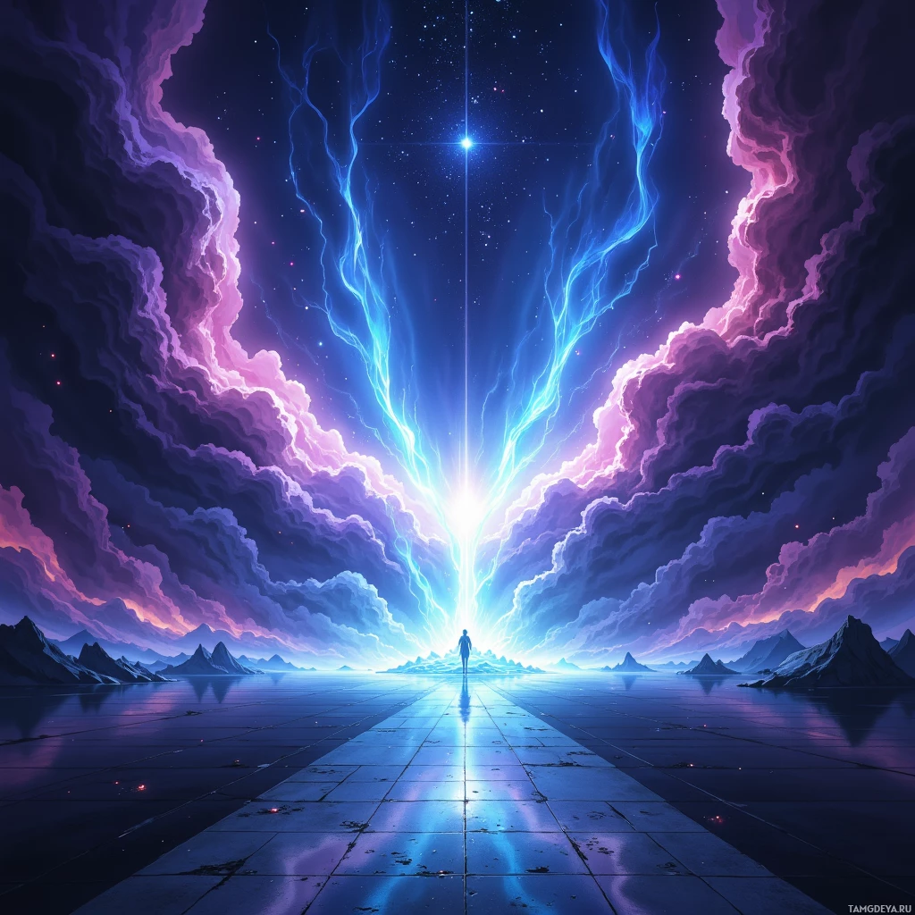 A person stands at the end of a glowing path leading towards a bright light in a cosmic sky with swirling clouds and stars.