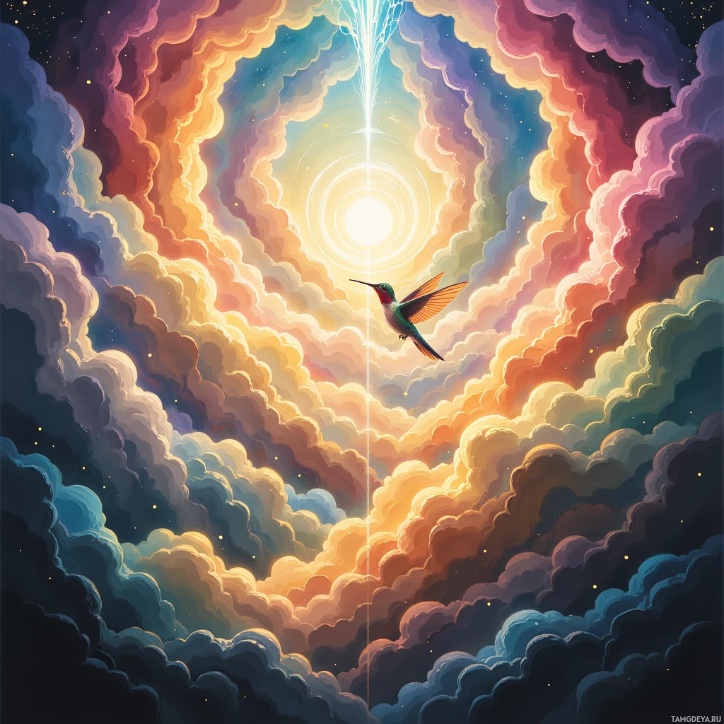 A hummingbird soars through a vibrant, ethereal sky with swirling clouds and a radiant light source.