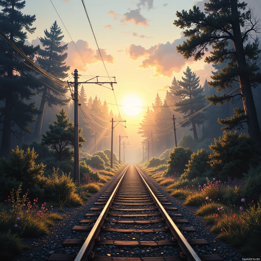 A serene railway track stretches into a forested landscape under a warm, golden sunset.