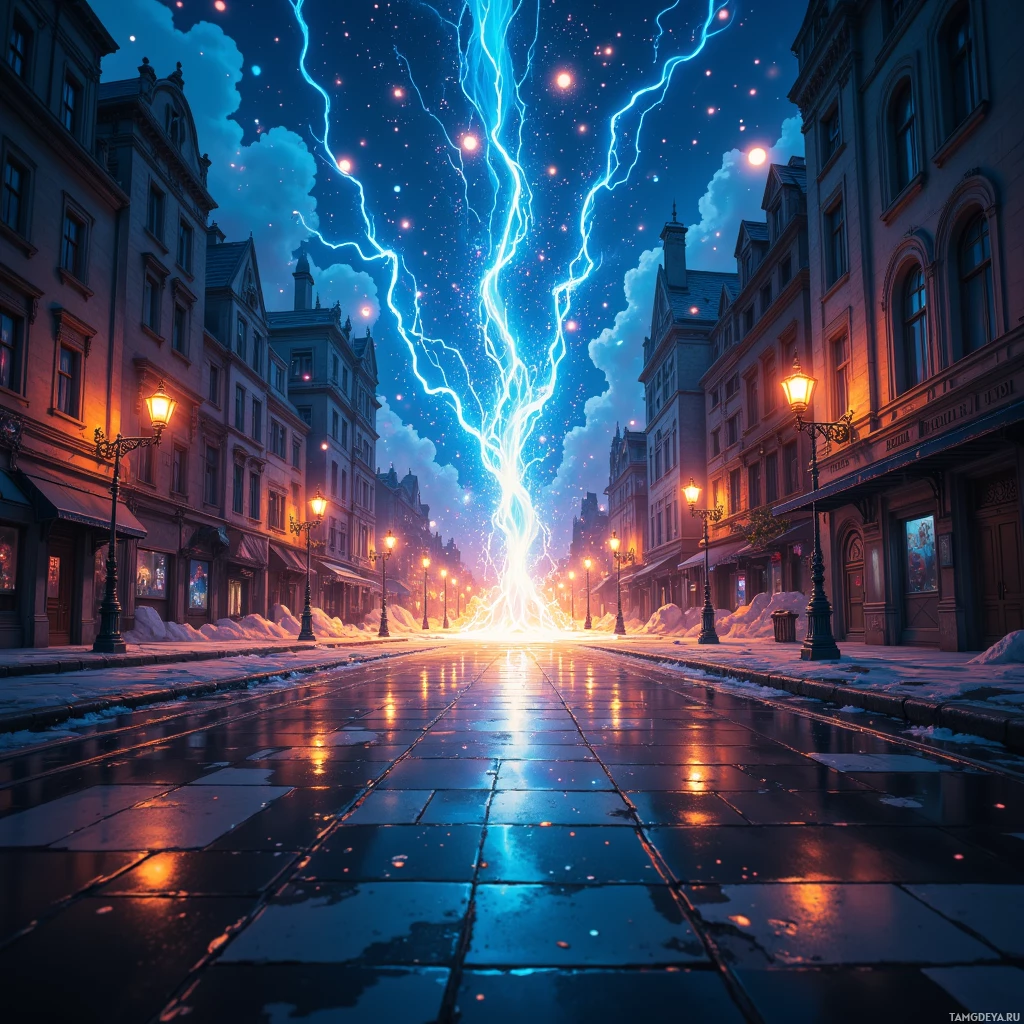 A city street at night with glowing lightning striking down from the sky.