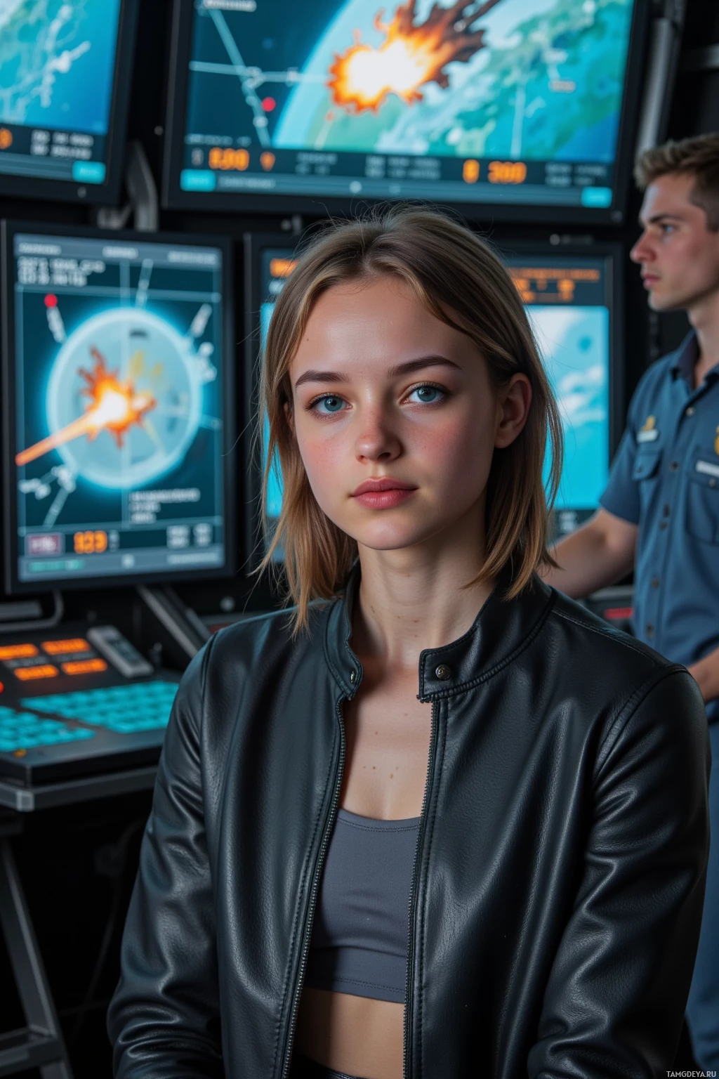 A person in a leather jacket stands in front of a control room with multiple monitors displaying technical data.