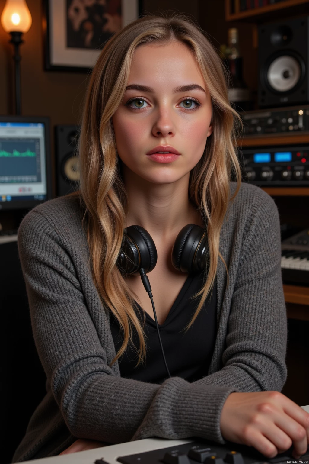 A person with long blonde hair wearing headphones and a gray sweater is seated in a recording studio.