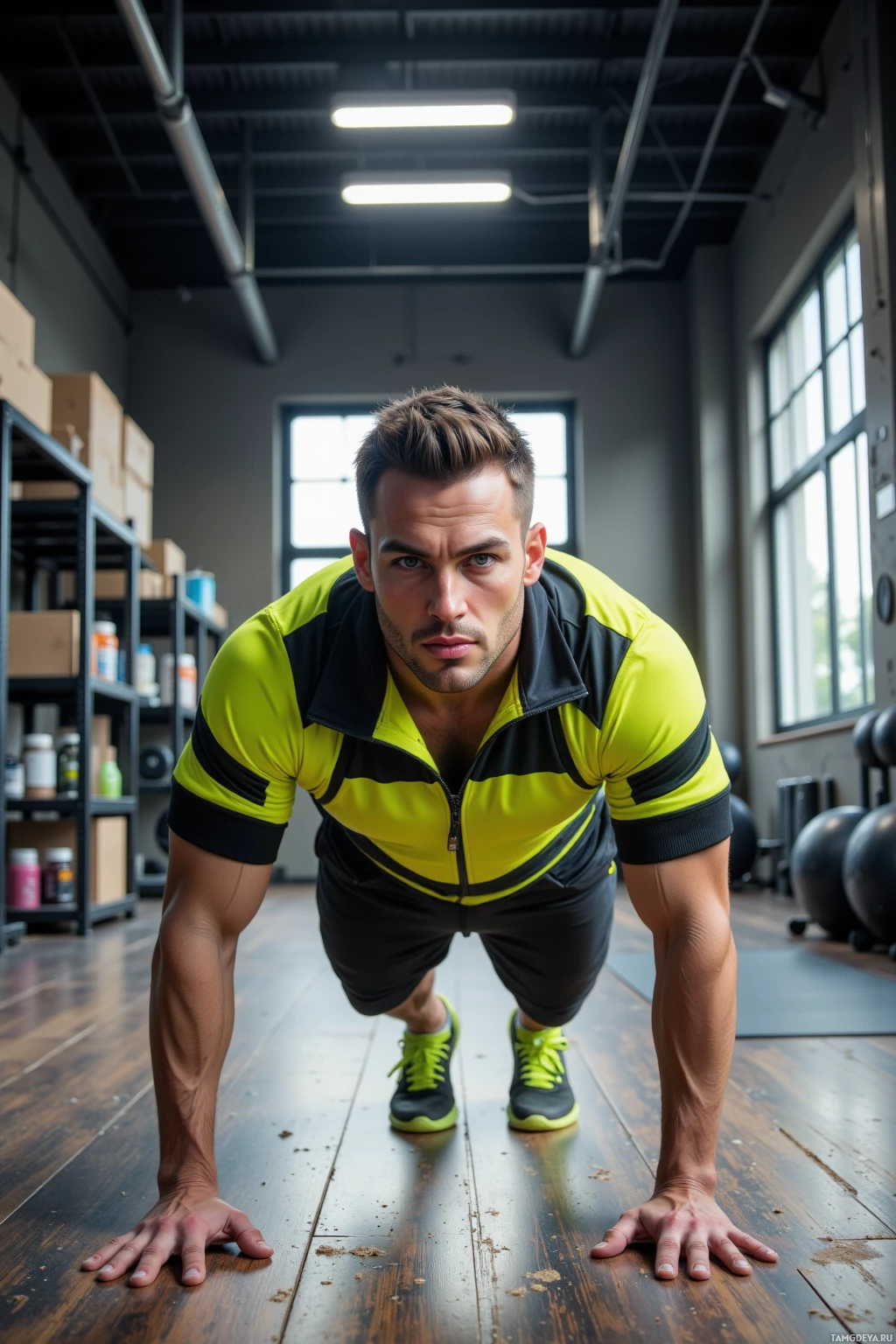 A man in a yellow and black athletic outfit is in a plank position in a gym.